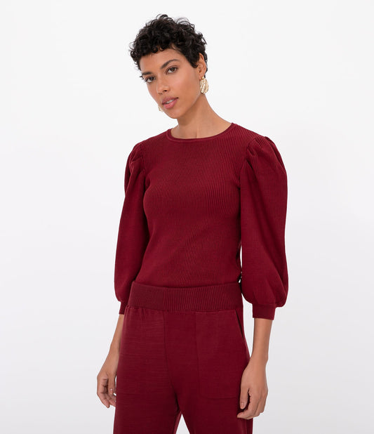 Camicetta rossa con maniche a 3/4 in maglia a sbuffo senza stampa