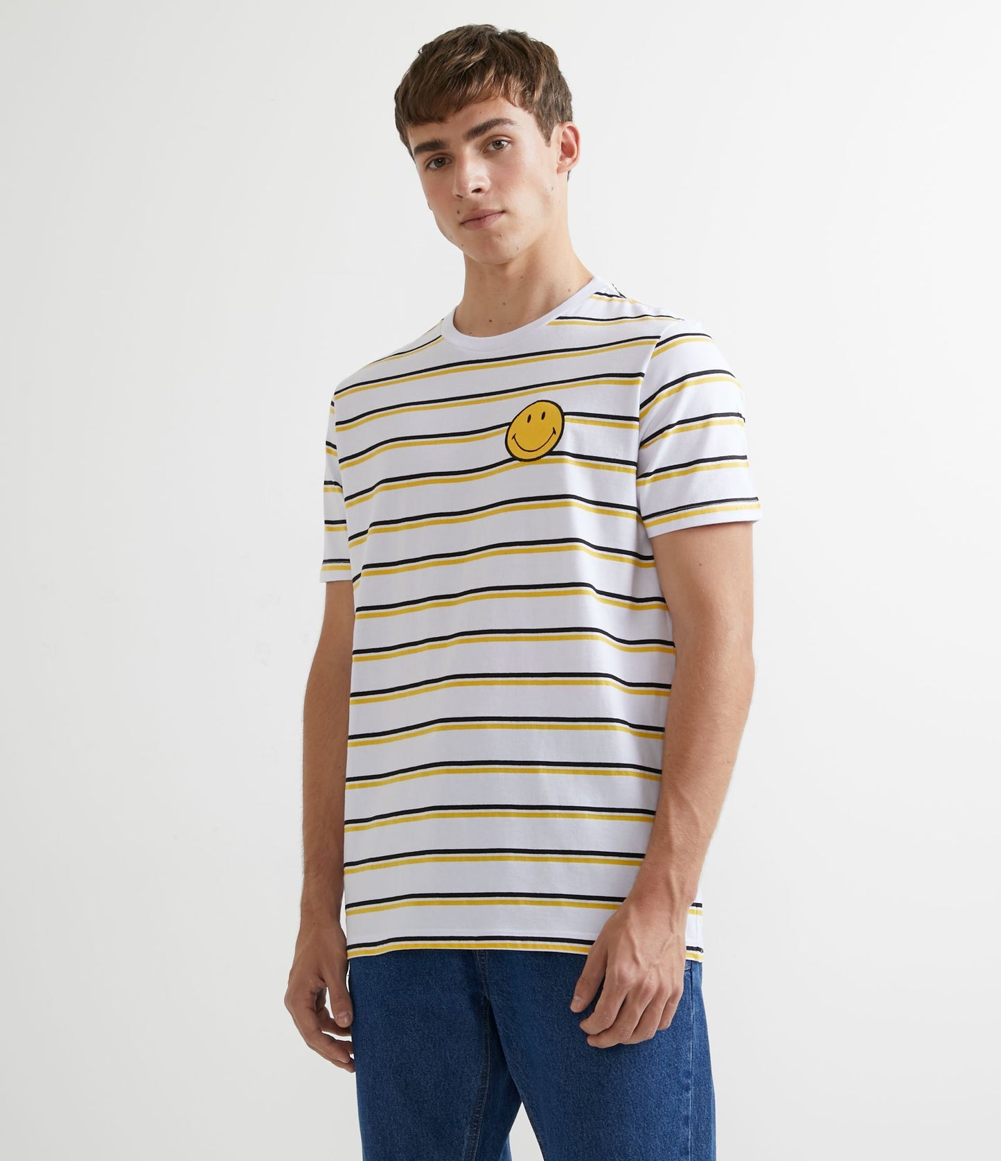 Camiseta de algodón de manga corta con rayas y smiley blanco bordado