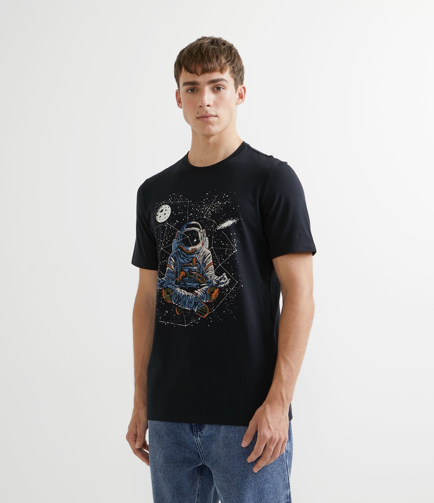 Short Sleeve T-Shirt with Meditating Astronaut Print - Black