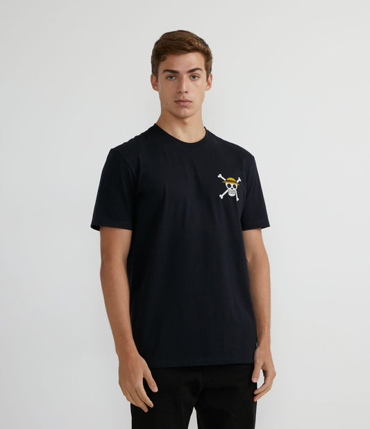 Maglietta a maniche corte a mezza rete con stampa One Piece - Nero