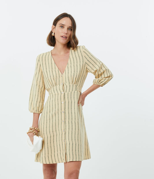 Vestido curto de chemise em viscolinen com listras de trigo bege