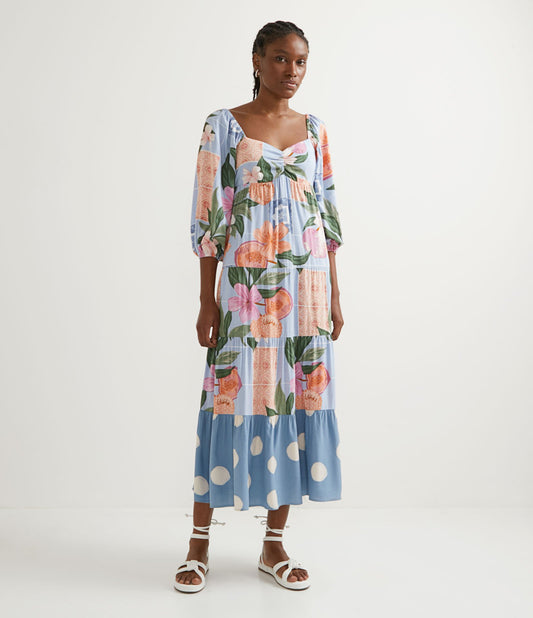 Vestito midi in viscosa con stampa mista blu