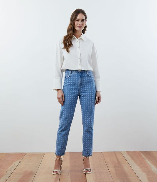 High-Waisted Mom Jeans with Textured Details in Blue