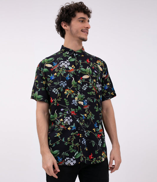 Black Floral Print Viscose Shirt