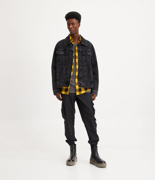 Boxy Black Denim Jacket with Front Pockets and Cutouts