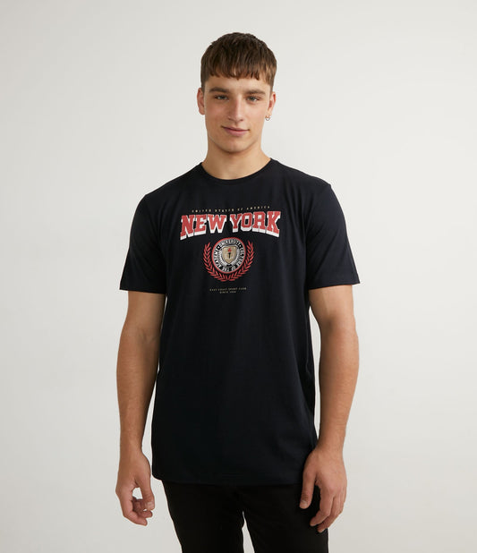 Black Short-Sleeve Cotton T-Shirt with New York Print