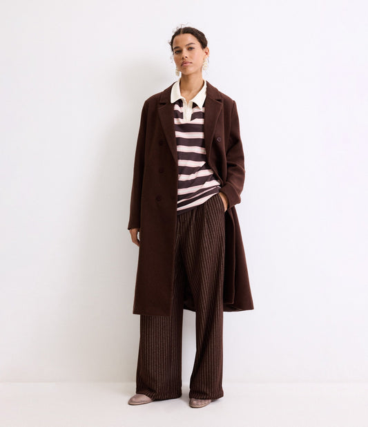 Long Brown Polivelour Coat with Buttons and Front Pockets
