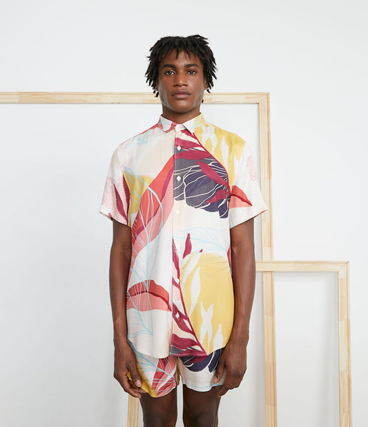 Camisa de manga curta de viscose com estampa de Lano rosa