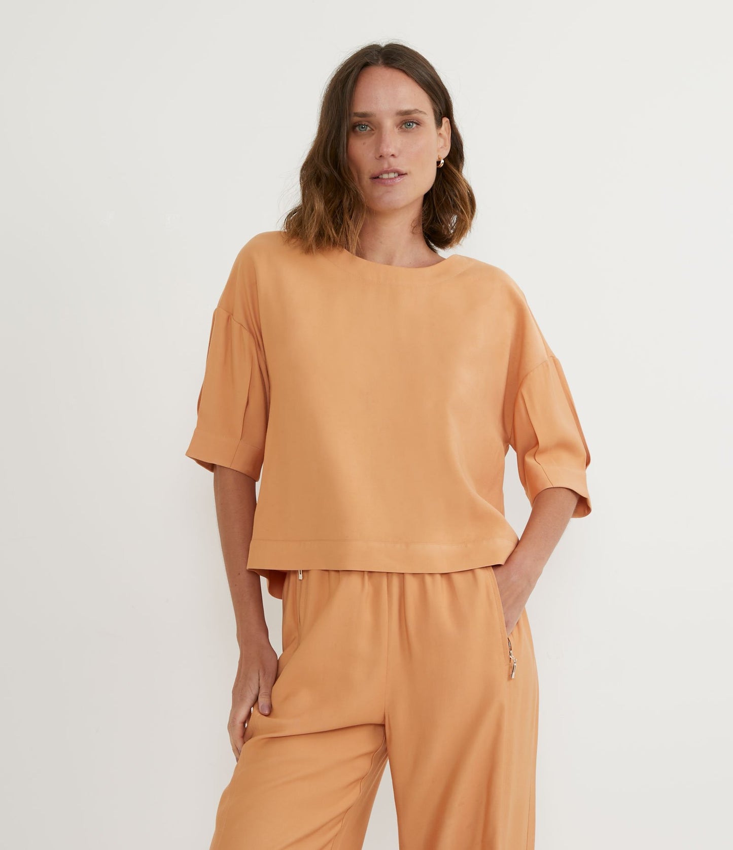 Viscose Blouse with Round Neckline and Pleated Orange Sleeves