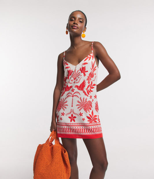 Vestido curto de linho com estampa de pássaros tropicais em bege e creme