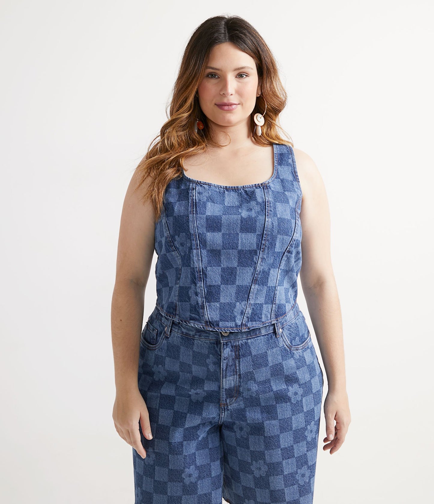 Camicetta in denim stampata con ritagli, Curve e taglie forti, blu