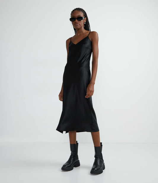 Vestito midi in raso nero con scollo a V e spalline sottili