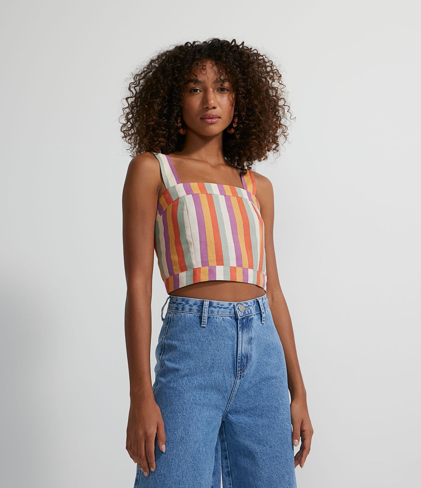 Blusa recortada de viscolino a rayas con tirantes anchos multicolor