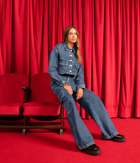 High-Waisted Wide Leg Jeans with Cargo Pockets in Blue