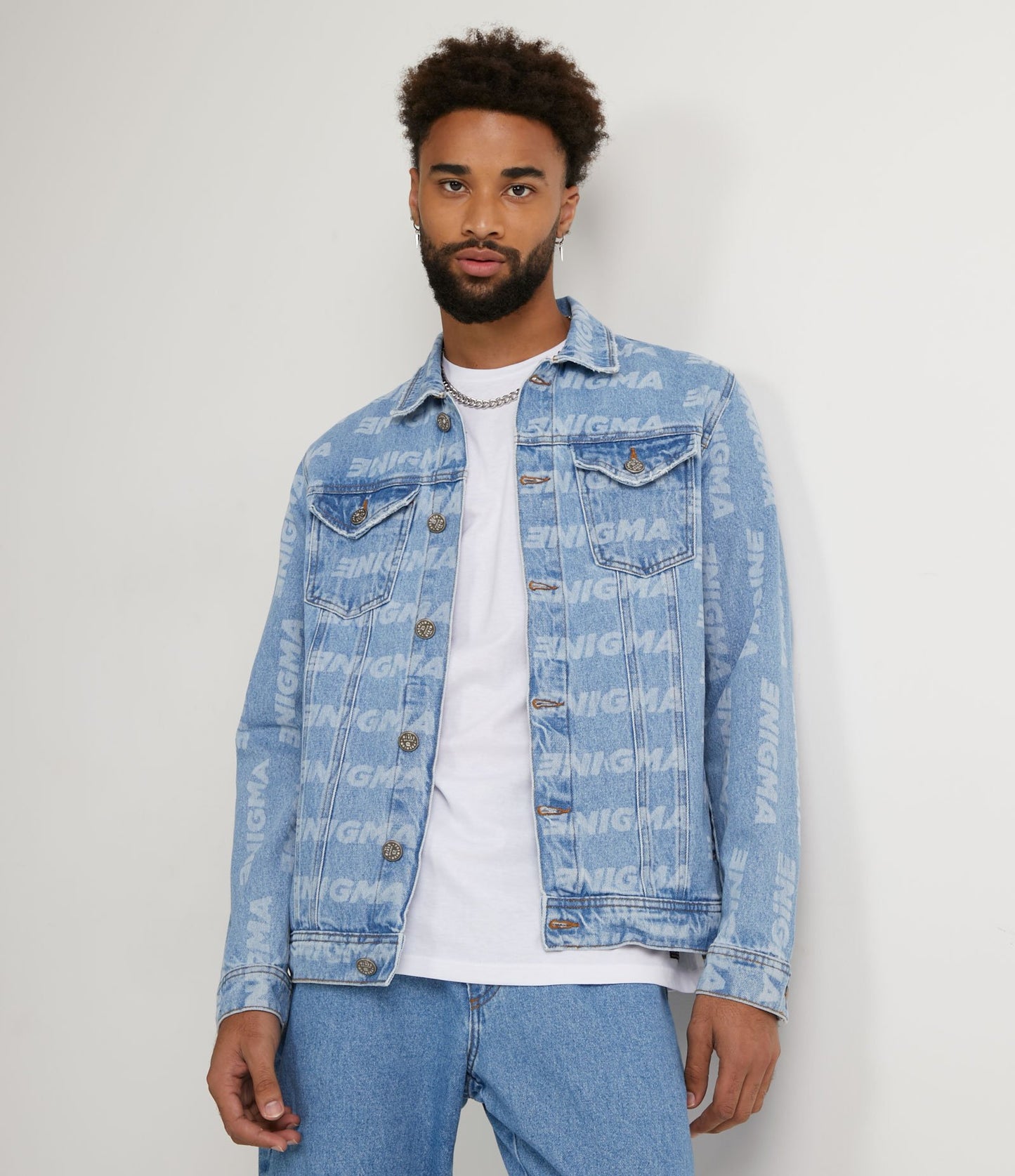 Denim Jacket with Blue Enigma Lettering Print