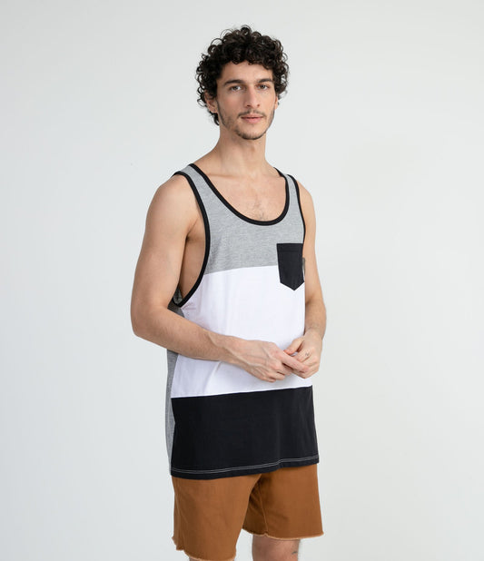 Canotta estesa in cotone con pannelli a blocchi di colore e taschino grigio