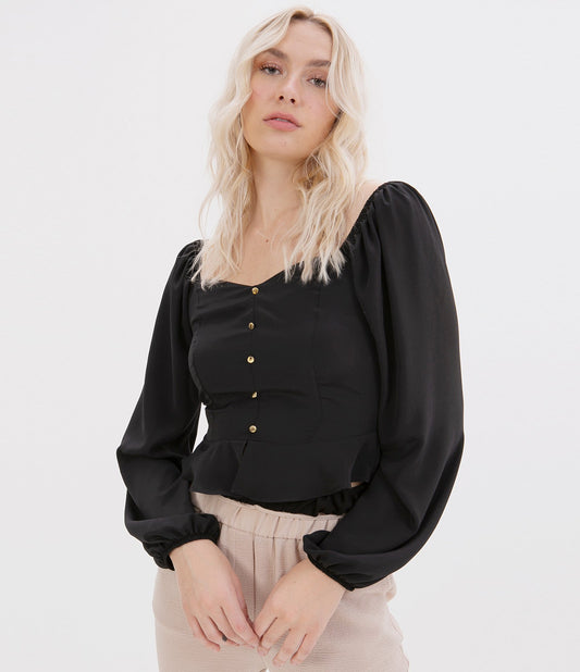 Black Blouse with Buttons and Ruffles