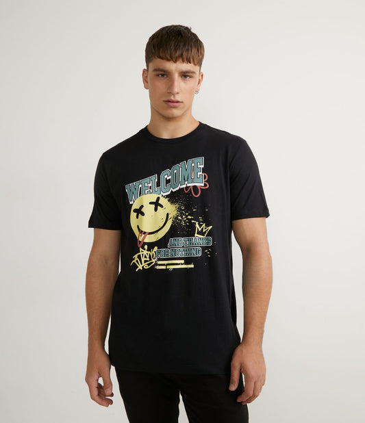 Maglietta nera a maniche corte in cotone con stampa Smiley