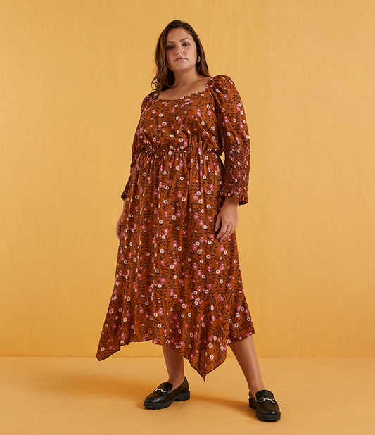 Vestido Midi de Viscose Floral com Mangas Smocked, Curve & Plus Size, Marrom