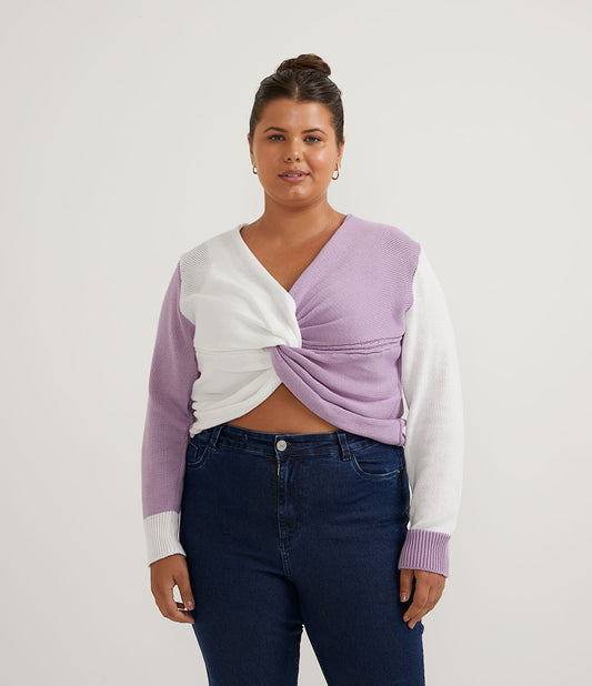 Suéter de tricô com bloco de cores e detalhe torcido, Curve & Plus Size, roxo