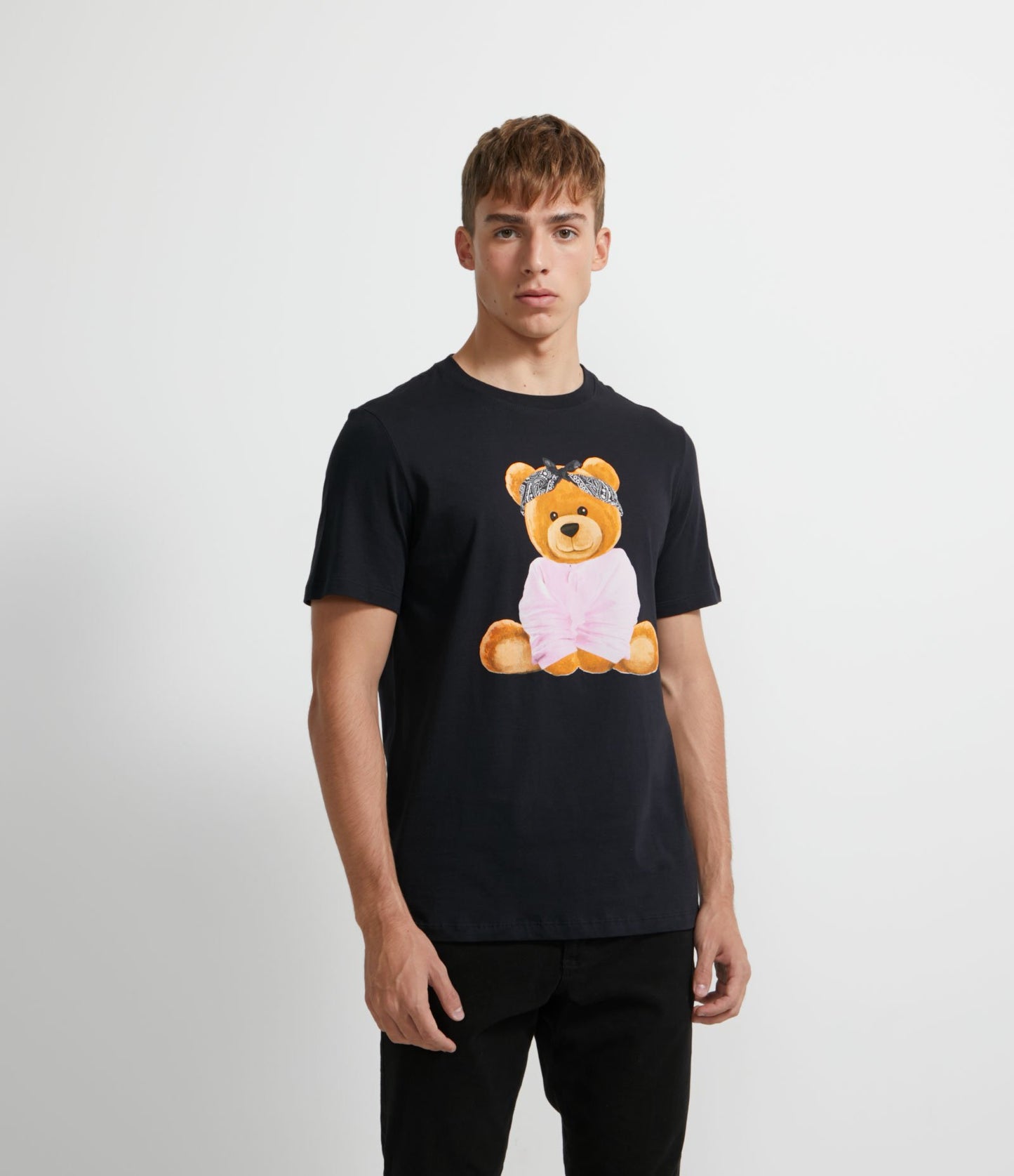 Camiseta de algodón de manga corta con estampado de oso bandana negro