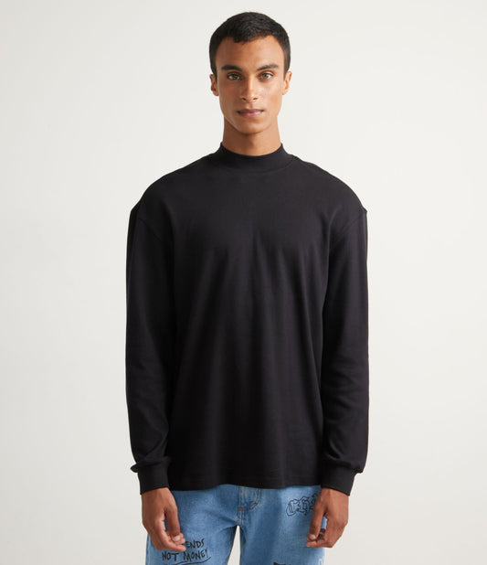 Black Long Sleeve Cotton T-Shirt with Mock Neck Collar