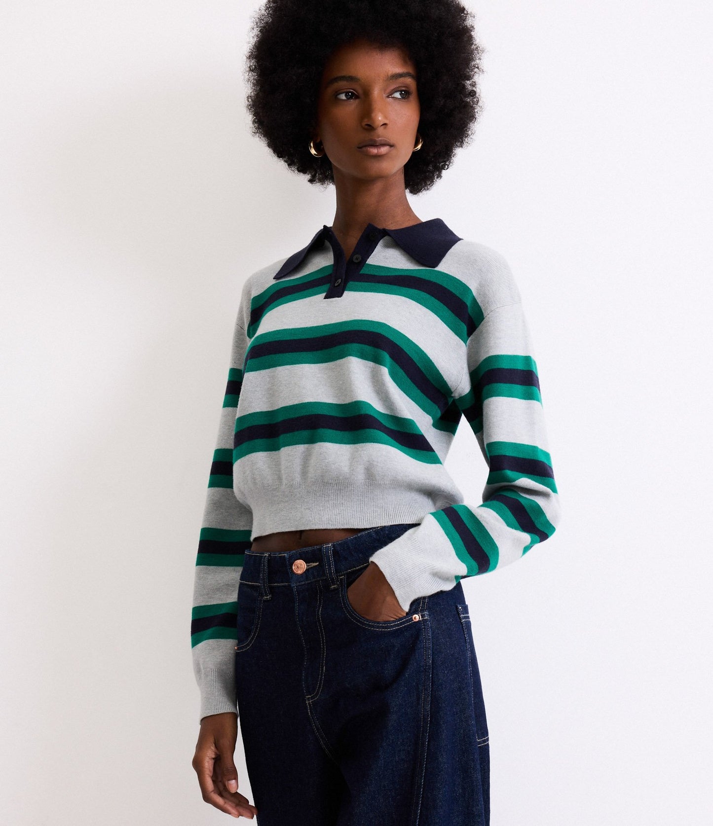 Maglione a righe con colletto a polo in grigio/verde