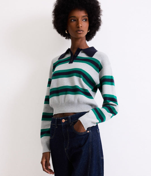 Maglione a righe con colletto a polo in grigio/verde