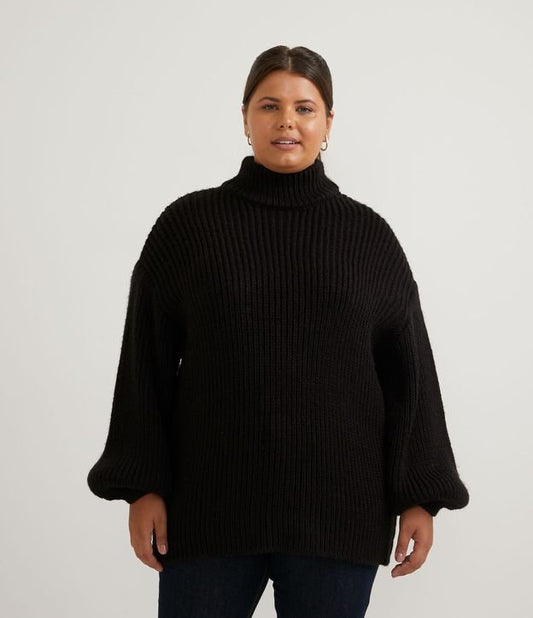 Oversized Knit Sweater with Turtleneck, Curve & Plus Size, Black