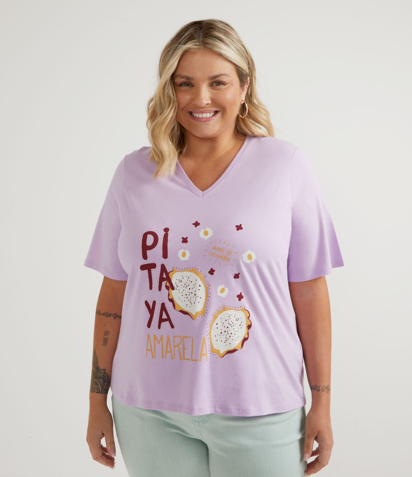 Camicetta in cotone a maniche corte con stampa e ricamo Pitaya, Curve e taglie forti, rosa