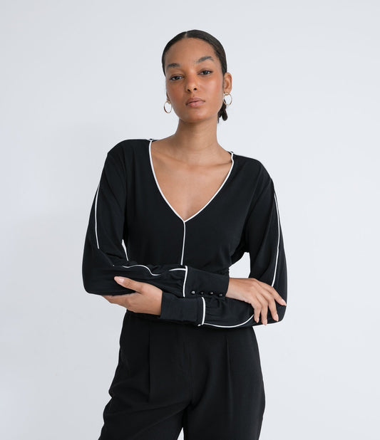 Crepe Blouse with Long Sleeves, Cuff Buttons, and Black Contrast Trim
