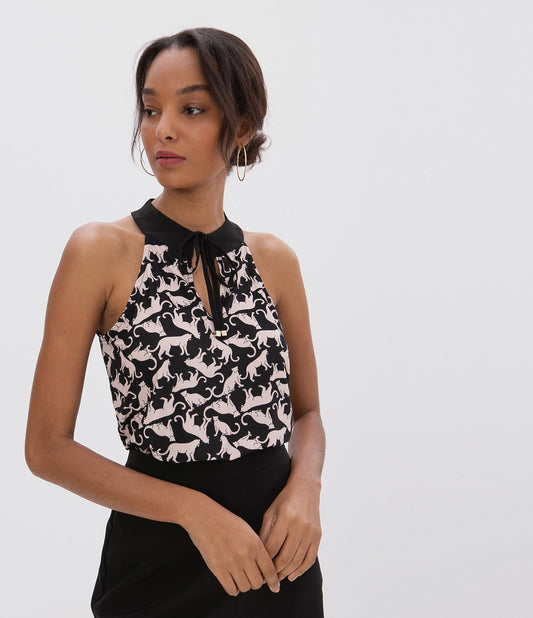 Canotta stampata con dettaglio cravatta nera