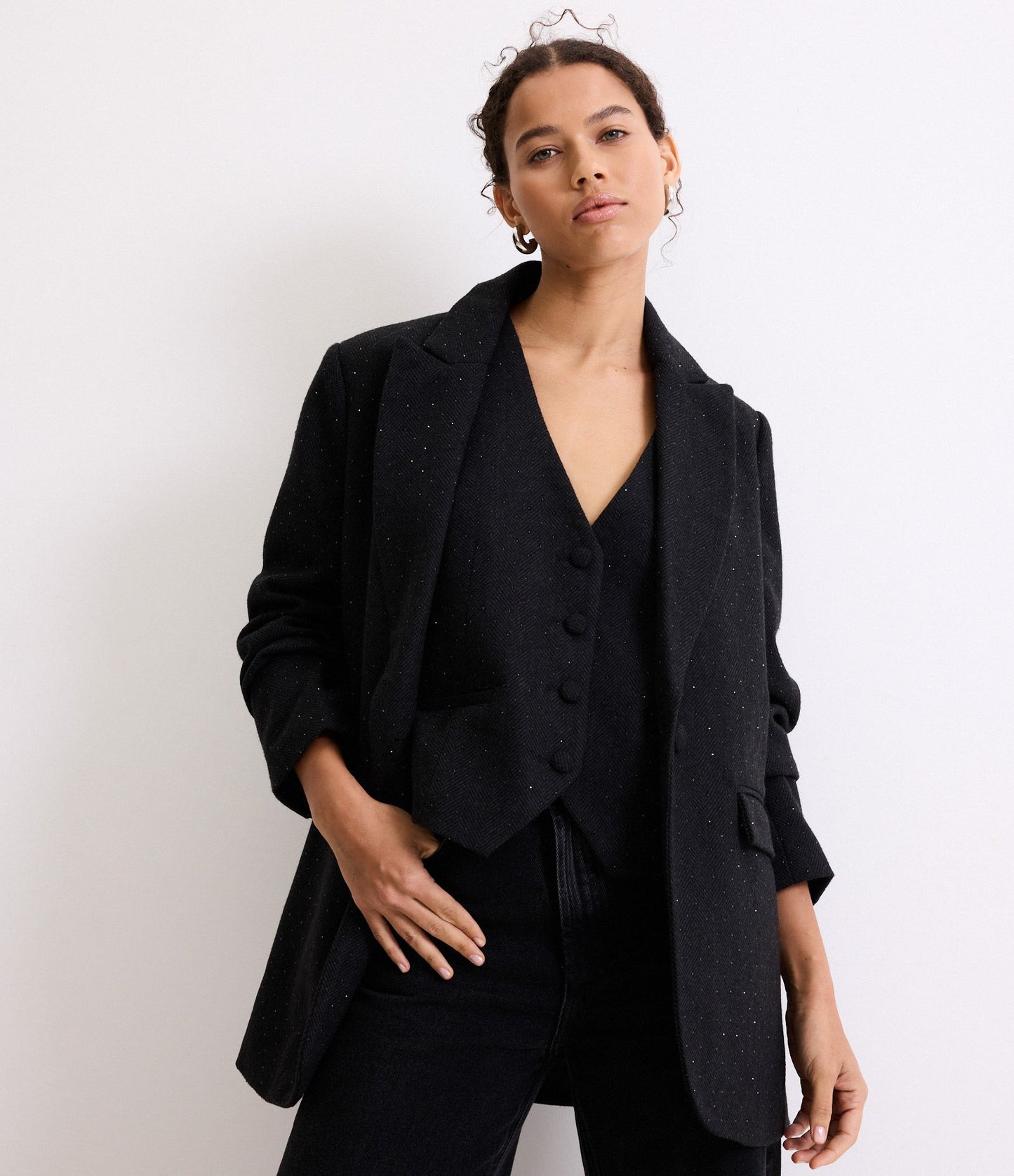 Oversized Black Polyvelour Blazer with Lapels and Shimmer
