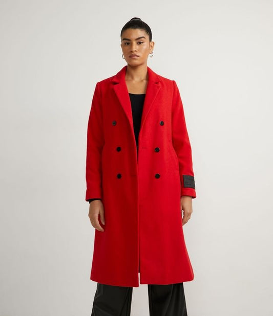Cappotto lungo in Polivelour rosso con bottoni frontali