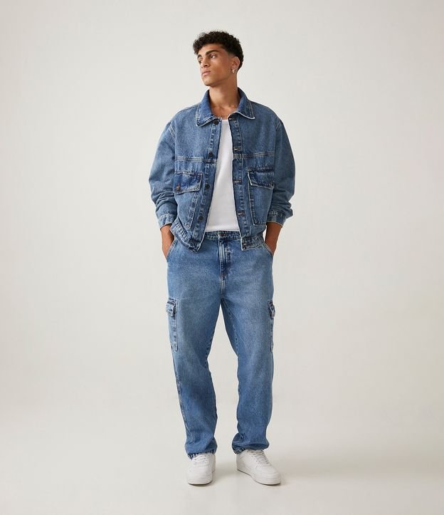 Marbled Blue Denim Trucker Jacket with Large Pockets