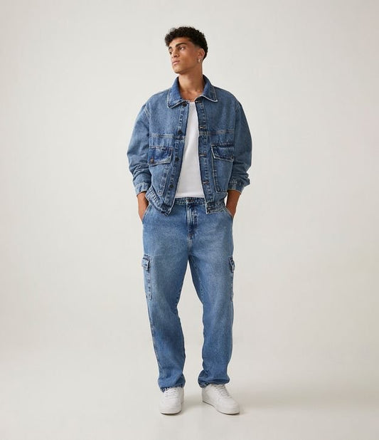 Giacca Trucker in denim blu marmorizzato con grandi tasche