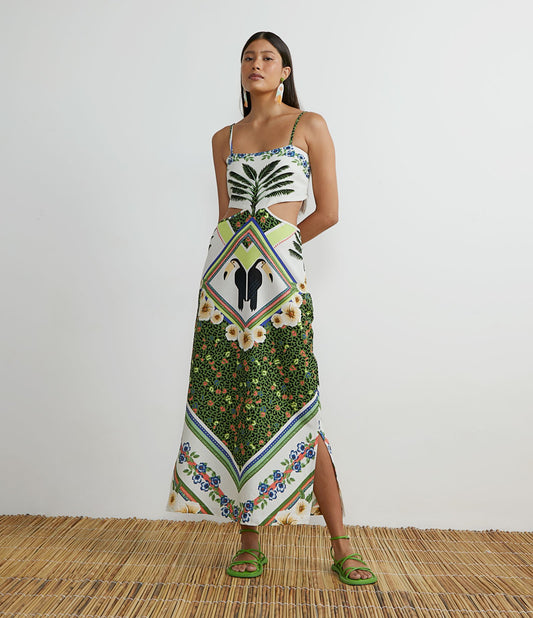 Vestido longo com alças ajustáveis, recortes na cintura e estampa tropical em branco