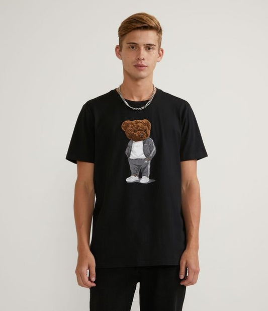 Camiseta preta de manga curta com estampa de ursinho de pelúcia em chenille