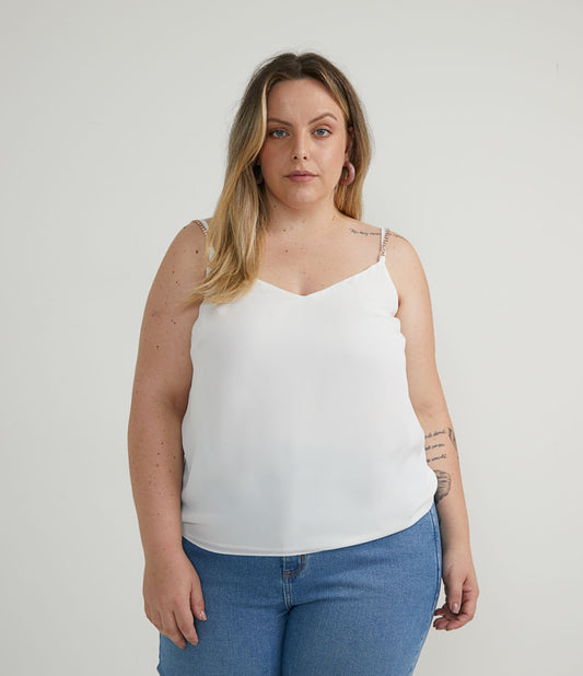 Blusa regata de crepe branca com detalhes em strass na alça - Curve e Plus Size