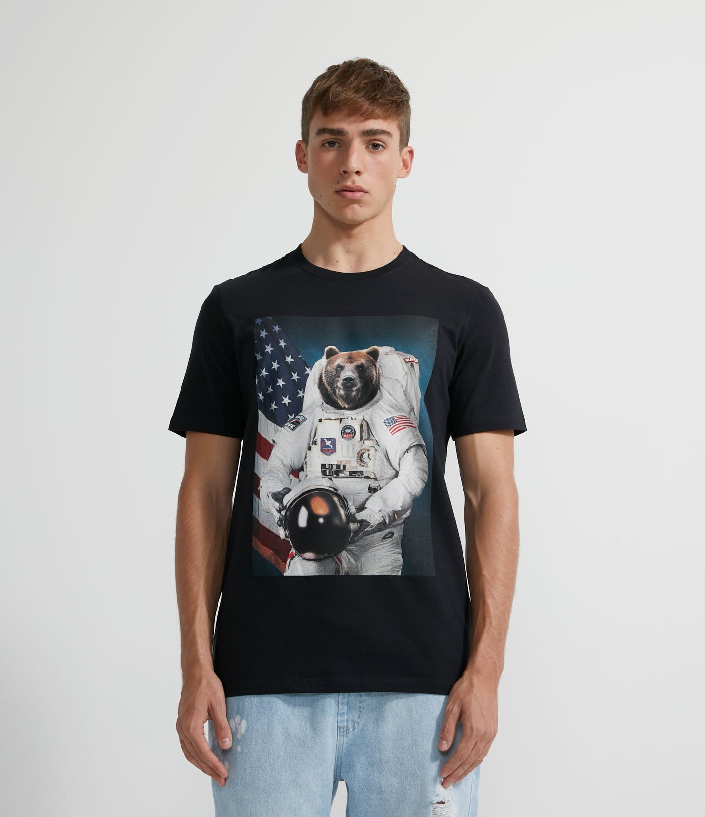 Maglietta nera a maniche corte in cotone con stampa di orsi spaziali