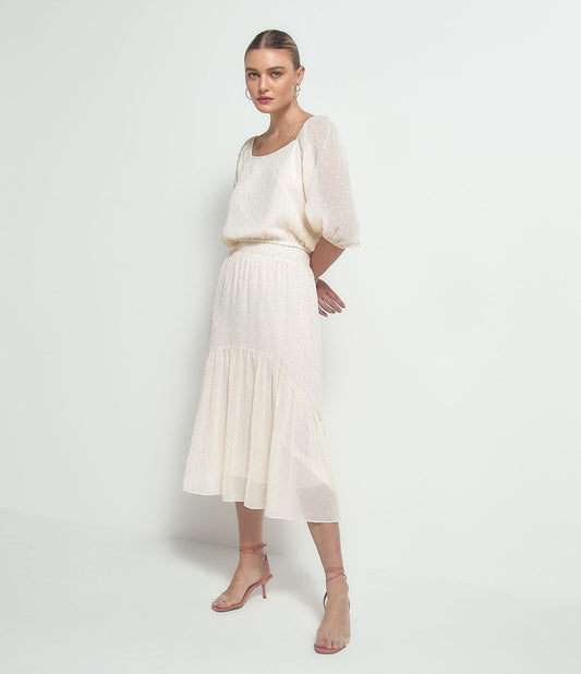 Beige Short-Sleeve Blouse with Metallic Details