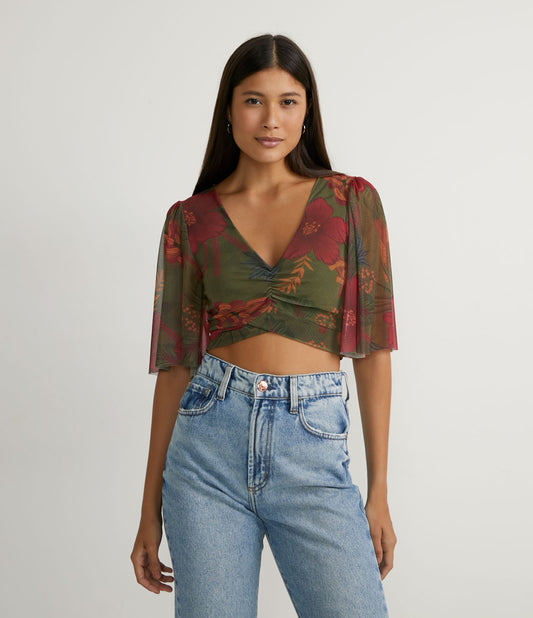 Camicetta cropped in tulle con stampa faunistica verde e maniche svasate