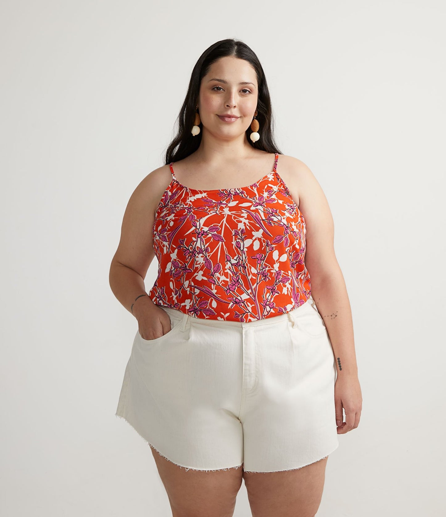 Camicetta senza maniche in crepe con stampa floreale, Curve e taglie forti, arancione