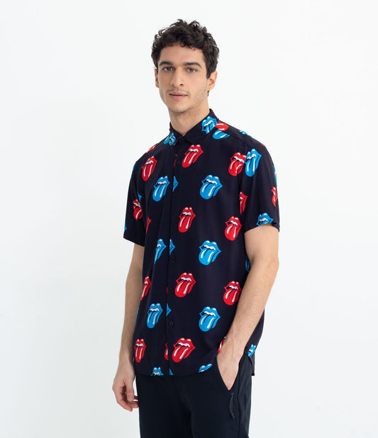 Camicia in viscosa a maniche corte con stampa Rolling Stones in nero