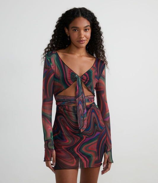 Vestido curto de tule com estampa abstrata e laço frontal multicolorido