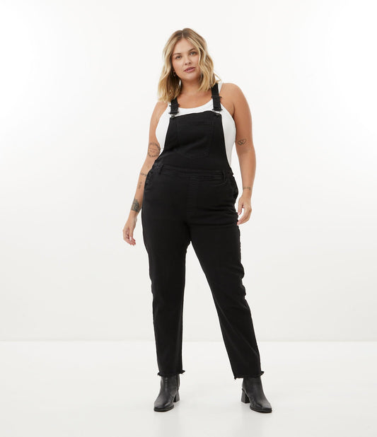 Salopette lunga in denim con orlo sfrangiato, Curve e taglie forti, nero