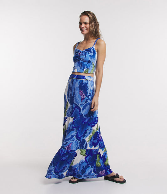 New Textured Midi Skirt with Floral Print and Blue Waistband Detailing