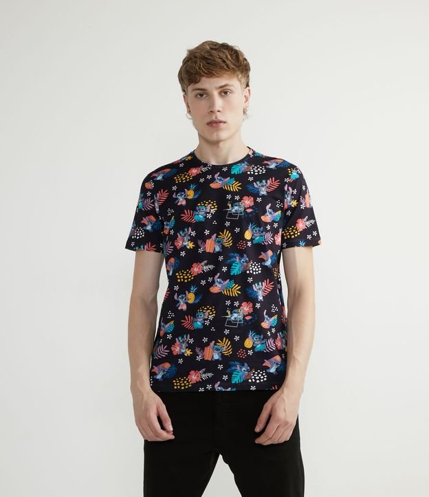 Camiseta preta de manga curta de algodão com estampa de pontos