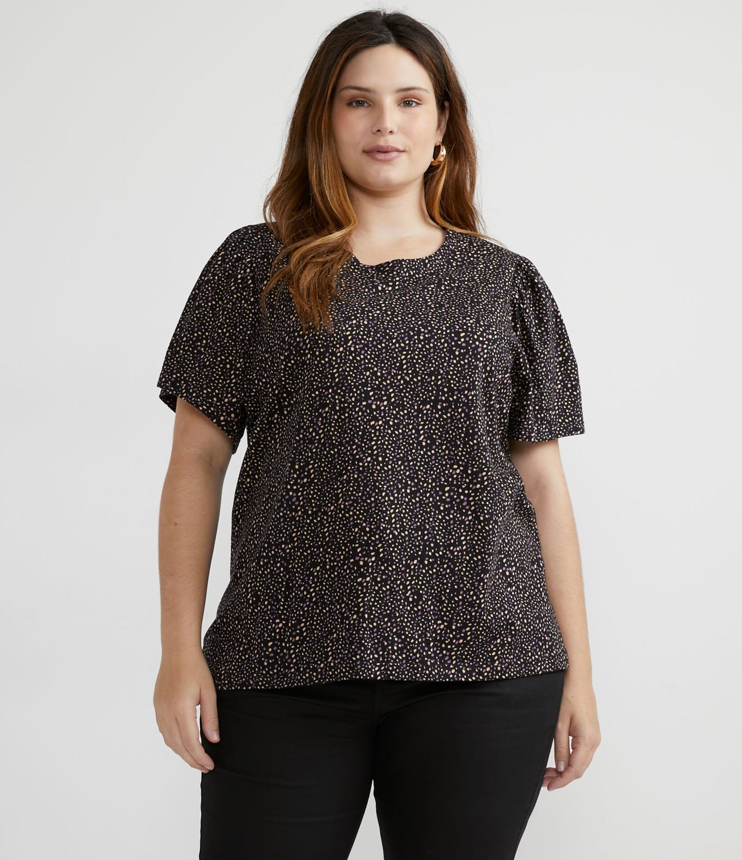 Camicetta in cotone con maniche a sbuffo stampate, Curve e taglie forti, nero