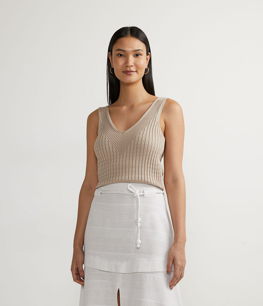 Beige Knit Tank Top with Unique Stitch Pattern